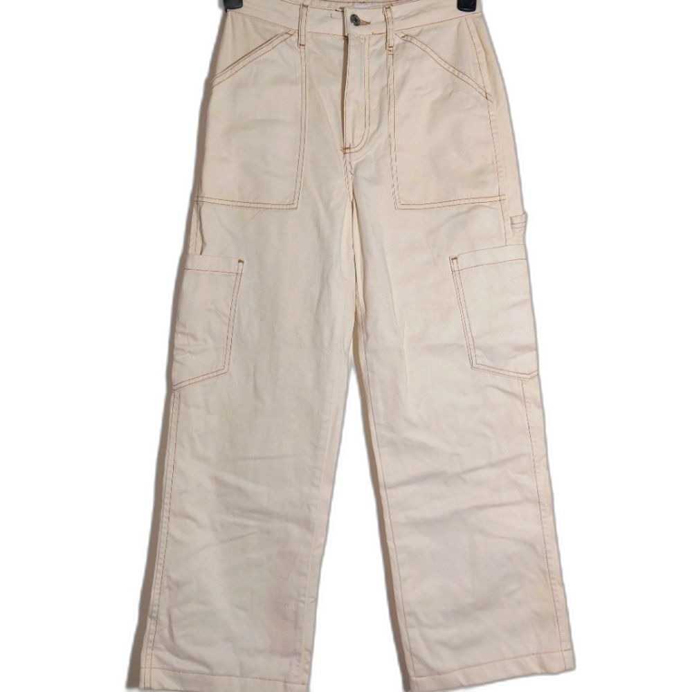 Denim Co. Women's 100% Cotton High Waist Wide Leg Cargo Jeans Cream Size 2 EUC - Picture 1 of 12